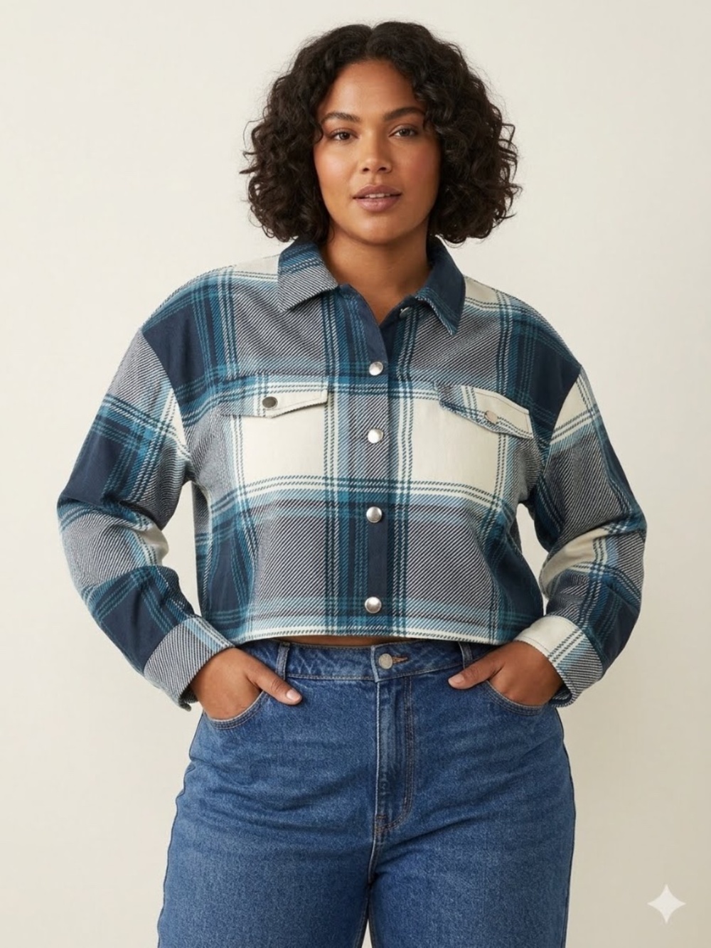 NWT Cropped Teal Plaid Flannel Shacket Shirt Jacket - SZ XL